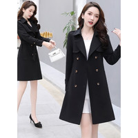 穆夏百合风衣女中长款装春季女装休闲修身双排扣小个子风衣外套 黑色 XL