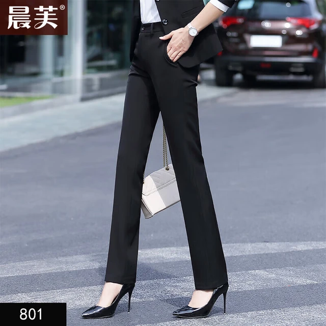 晨芙西裤女正装西装裤子女士工作裤小个子直筒高腰垂感显瘦职业装长裤 黑色厚款耳仔长裤801 XL