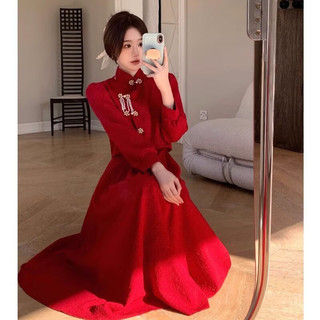 奕津新中式旗袍结婚衣服女款冬季大码改良红色连衣裙套装女秋冬高级敬 红色 2XL 140-160斤