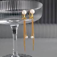 梦金园 新年 银耳饰 S925银流苏珍珠耳饰长款镶锆石耳坠女款