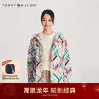 TOMMY HILFIGER24春季女时尚多彩字母满印系带收腰宽松连帽夹克43322 多色0K4 XS