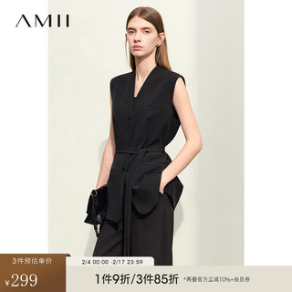 AMII2024春极简通勤风中长无领修身西装马夹配腰带套装女 黑色（马夹） 160/84A/M