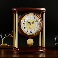 汉时欧式复古座钟客厅实木台钟办公室摆放时钟简约大气石英钟表HD382 棕色黄铜柱