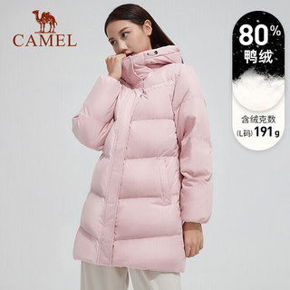 CAMEL 骆驼 羽绒服女2024秋冬加厚保暖防风中长款连帽户外羽绒外套 C1W165640，玫瑰灰粉，女款 M