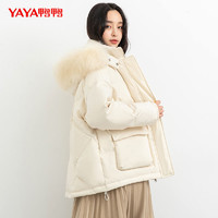 YAYA 鸭鸭羽绒服 女2023年冬短款韩版时尚洋气真毛领白鸭绒加厚保暖外套