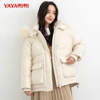 YAYA 鸭鸭羽绒服 女冬短款韩版时尚洋气真毛领白鸭绒加厚保暖外套