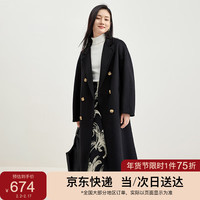 尚都比拉冬季100%羊毛西装领双排扣毛呢外套女百搭呢子大衣 黑色 S