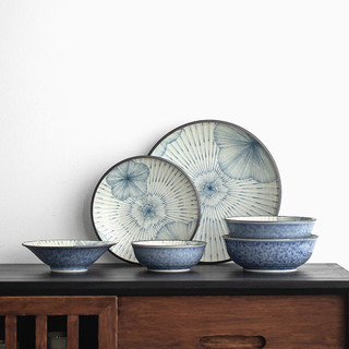 同合日本蓝雨花餐具日式樱花家用复古餐盘田园风陶瓷盘子沙拉盘 蓝雨花大圆碗
