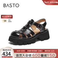 BASTO 百思图 2024夏季时尚复古罗马猪笼鞋粗跟女凉鞋UDD02BL4 黑色 36