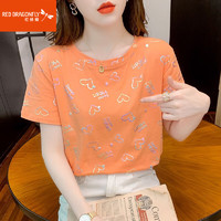 红蜻蜓 棉短袖t恤女潮春夏季时尚女装韩版印花短袖女上衣体恤 橘色 M