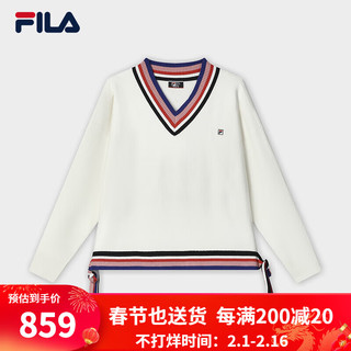 FILA 斐乐女子织衫2024春时尚休闲下摆流苏舒适V领毛衣 蒸汽白-IV 165/84A/M