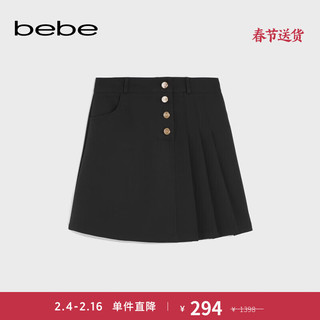 bebe 秋冬系列女士设计感百褶短款A字半身裙420207 黑色 S