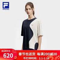 FILA 斐乐女子针织短袖衫2024春季下摆不规则运动T恤 深辰蓝-NV 160/80A/S