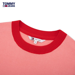 TOMMY JEANS24春季女装复古短款徽章提花撞色圆领短袖针织衫17729 粉红拼色TIC S