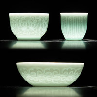 苏氏陶瓷（SUSHI CERAMICS）影青浮雕功夫茶杯三件套芭蕉杯牡丹杯菊瓣杯泡茶陶瓷个人杯主人杯