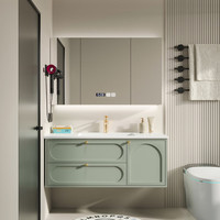 奥罗登 2024实木简法式奶油风浴室柜岩板无缝洗脸盆陶瓷一体盆 90cm陶瓷一体盆+智能拱形镜子