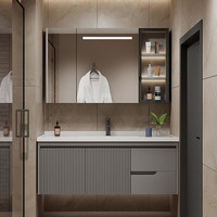 奥罗登 2024轻奢陶瓷一体盆浴室柜智能镜柜卫生间洗漱台洗脸盆柜 岩板陶瓷+智能镜柜 2米