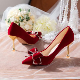九寸阳光 中式婚鞋女酒红色高跟鞋秀禾婚纱两穿新娘鞋桃夭伴娘 （8172）6CM红色【37码】
