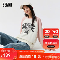 Semir 森马 卫衣女中长款宽松插肩袖2024春季做旧印花上衣 白红色调00316 160/84A/M