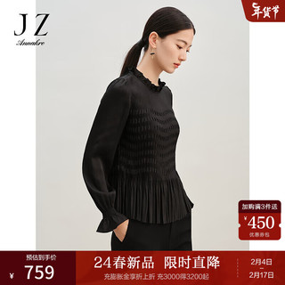 Juzui 玖姿 ·安娜蔻优雅简约风琴压褶木耳边修身长袖上衣女2024春季 素黑 S