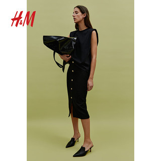 H&M女装裙装2024春季小众高腰中长裙前部系扣半身裙1224800 黑色 155/64A XS