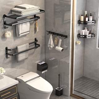 黑色卫生间置物架浴室置物架洗手间毛巾架免打孔厕所置物架浴巾架