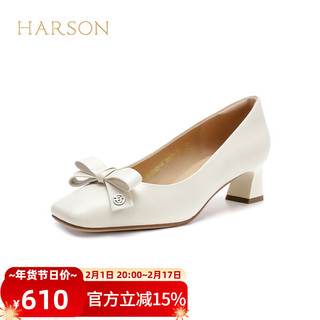 HARSON 哈森 时尚方头女鞋2024春季粗跟浅口女单鞋通勤时装鞋HWS240118 米白色 37