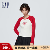 Gap 盖璞 女装春季2024LOGO学院风修身长袖T恤873874洋气休闲上衣 红色 175/92A(XL)亚洲尺码