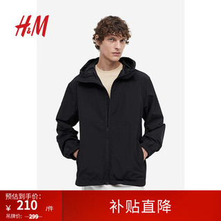 H&M 男装夹克2023冬季新款户外尼龙防风疏水连帽外套1160969 黑色 175/108A