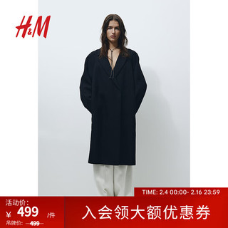 H&M 女装毛呢外套中长款双排扣及膝后开叉大衣1205043 黑色 155/76A