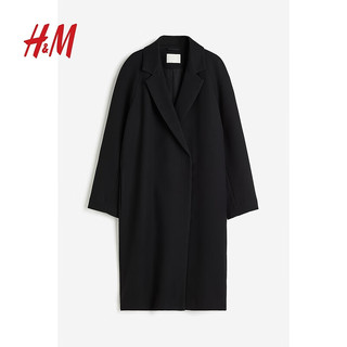 H&M 女装毛呢外套中长款双排扣及膝后开叉大衣1205043 黑色 155/76A