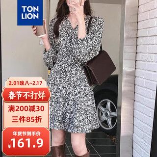 唐狮 TONLION女V领碎花长袖连衣裙WP 黑色 S