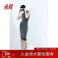 H&M2024春新中式女装中长裙修身无袖碎褶紧身连衣裙1154696 混深灰色 155/80A XS