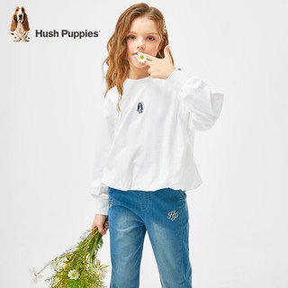 暇步士（Hush Puppies）童装儿童2024春秋圆领卫衣俏皮花边下摆宽松舒适百搭 本白 160cm