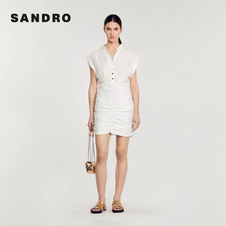 SANDRO2024早春女装法式白色抽皱包臀V无袖连衣裙SFPRO03529 10/白色 40