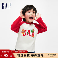 Gap男女幼童冬季2023LOGO纯棉运动长袖T恤892276儿童装上衣 红白撞色 90cm(1-2岁) 亚洲尺码