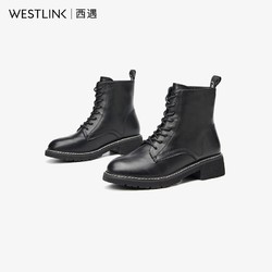WESTLINK 西遇 马丁靴女冬加绒保暖2021新款时尚系带英伦风粗跟短靴女潮ins
