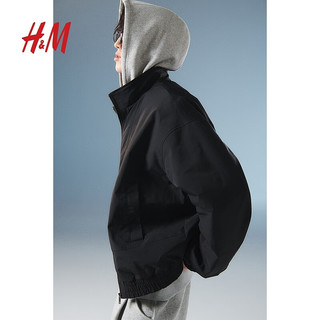 H&M 男装夹克2024春季宽松保暖立领外套1201373 黑色 165/84A