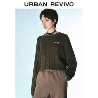 URBAN REVIVO UR2024春季女装复古废土做旧绞花肌理字母针织衫UWV940030 军绿 M