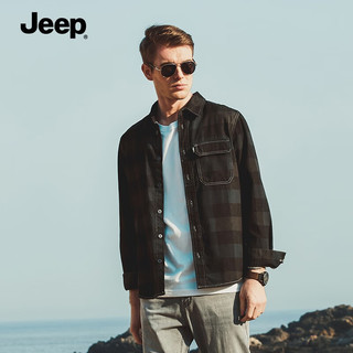 Jeep衬衫男吉普男装秋季翻领长袖衬衣柔软微弹条纹纯棉男士牛仔外套 深蓝（加绒） L(130-145斤)