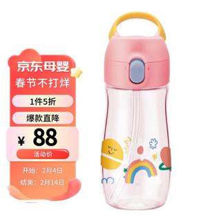 LOCK&LOCK 儿童吸管杯婴儿水杯夏季宝宝喝水壶带刻度幼儿学饮杯430ML粉色