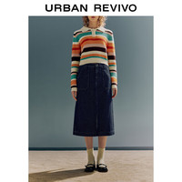 UR2024春季新款女装海军风经典条纹后开叉牛仔半裙UWU840012 蓝色