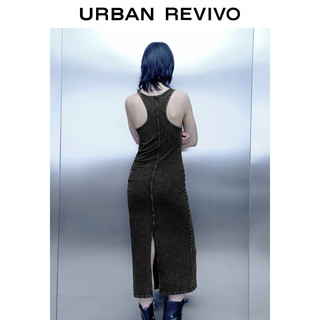 URBAN REVIVO UR2024春季女复古洗水高街褶皱开叉修身S型连衣裙UWV740015 黑色 XS