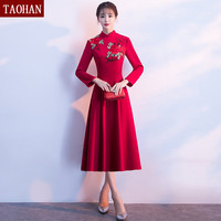 TAO HAN晚礼服女中式旗袍伴娘服主持人迎宾颁礼仪中国风古筝合唱演出 酒红色中长款 S