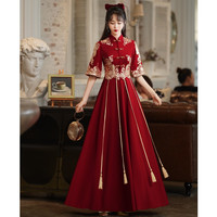 塞德勒（SAIDELE）敬酒服新娘旗袍酒红色答谢宴结婚礼服女中式长款平时可穿显瘦 酒红色长款 M