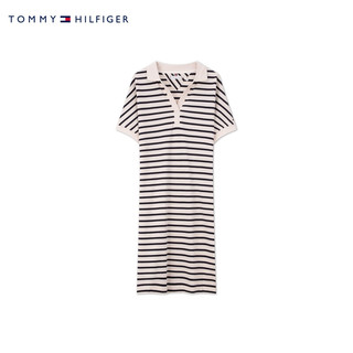 TOMMY HILFIGER 24春季女装莱赛尔混纺条纹V字领合身POLO连衣裙03017 米白黑条纹03M S