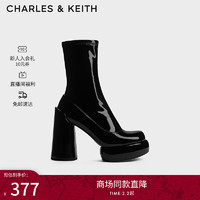 CHARLES&KEITH23冬季漆皮防水台粗高跟弹力瘦瘦靴女CK1-90360397 Black Patent黑色 40