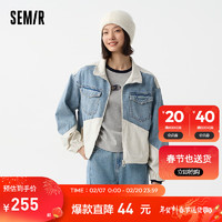 森马（Semir）森马牛仔外套女短款拼接宽松潮酷2024春季立领夹克 蓝白色调00381 155/80A/S