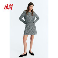 H&M女装2024春季纹理感前部系扣半身裙1225062 黑色/格纹 155/64A