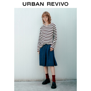URBAN REVIVO UR2024春季女装美式复古撞色条纹刺绣长袖圆领T恤UWU440003 深蓝色条纹 S